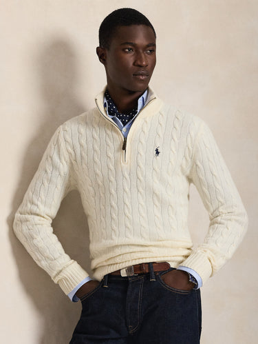 RALPH LAUREN-Maglia Mezza Zip a Trecce Crema-TRYME Shop