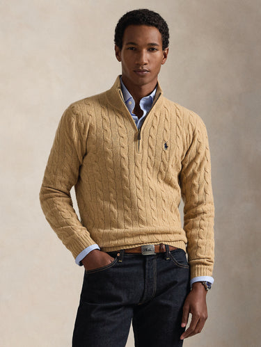 RALPH LAUREN-Maglia Mezza Zip a Trecce Cammello-TRYME Shop