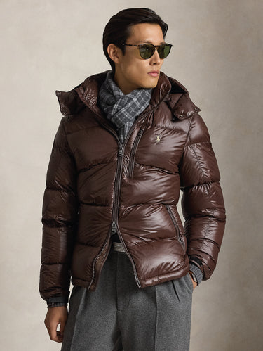 RALPH LAUREN-Piumino Lucido con Cappuccio in Ripstop Marrone-TRYME Shop
