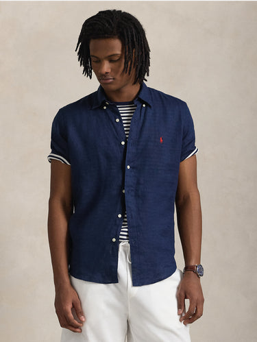 RALPH LAUREN-Camicia in Lino Maniche Corte Blu-TRYME Shop