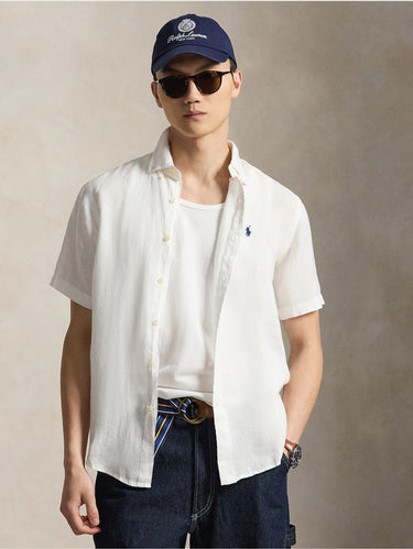 RALPH LAUREN-Camicia in Lino Maniche Corte Bianco-TRYME Shop