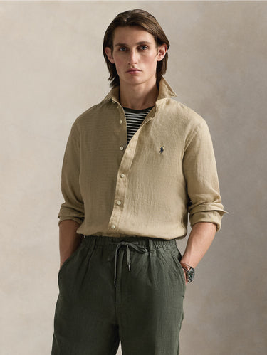 RALPH LAUREN-Camicia in Lino Slim Fit Beige-TRYME Shop