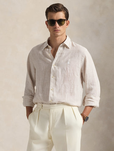 RALPH LAUREN-Camicia in Lino Custom Fit a Righe Beige/Bianco-TRYME Shop