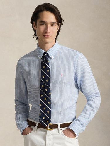 RALPH LAUREN-Camicia in Lino Custom Fit a Righe Celeste/Bianco-TRYME Shop