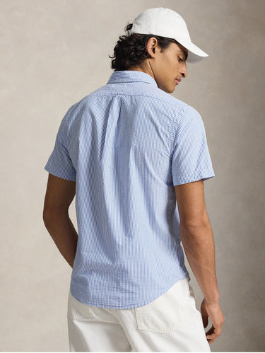 Camicia Maniche Corte Seersucker a Righe Celeste