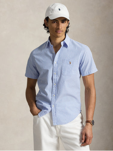 RALPH LAUREN-Camicia Maniche Corte Seersucker a Righe Celeste-TRYME Shop