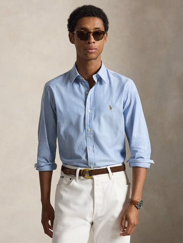 RALPH LAUREN-Camicia in Oxford Stretch Custome Fit Blu-TRYME Shop