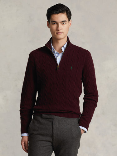 RALPH LAUREN-Maglia in Cashmere Lavorata a Trecce con Mezza Zip Vino-TRYME Shop