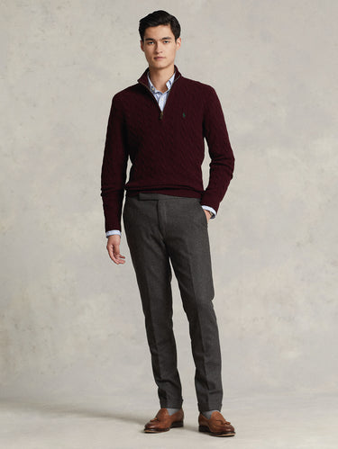 Maglia in Cashmere Lavorata a Trecce con Mezza Zip Vino