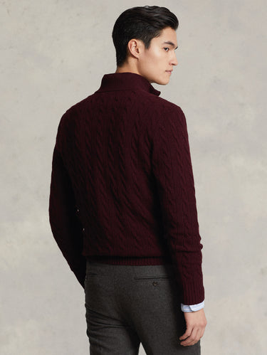 Maglia in Cashmere Lavorata a Trecce con Mezza Zip Vino
