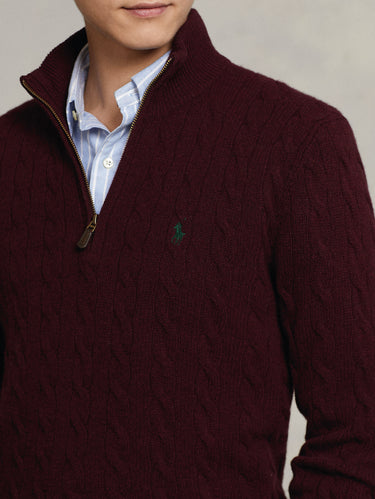 Maglia in Cashmere Lavorata a Trecce con Mezza Zip Vino