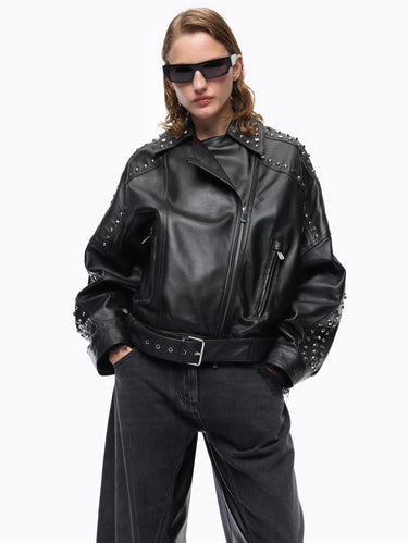 PINKO-Giacca Chiodo in Nappa con Borchie Nero-TRYME Shop