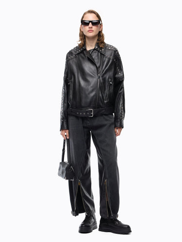 Giacca Chiodo in Nappa con Borchie Nero