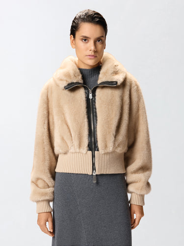 PINKO-Bomber in Tessuto Aspen Effetto Pelliccia Beige-TRYME Shop