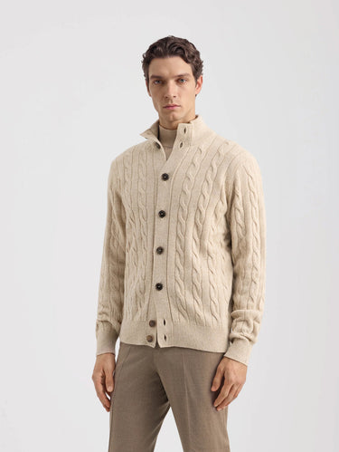 Cardigan con Lavorazione a Treccia in Cashmere Paglia