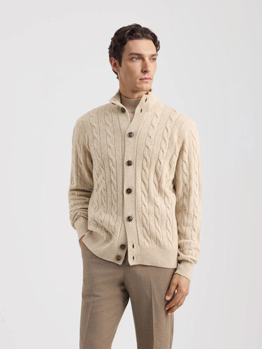 FILIPPO DE LAURENTIIS-Cardigan con Lavorazione a Treccia in Cashmere Paglia-TRYME Shop