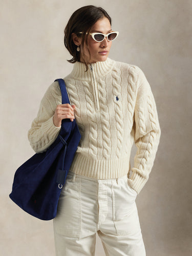 Cream Half-Zip Cable-Knit Wool Sweater