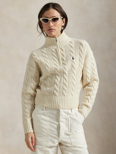 RALPH LAUREN-Maglia a Trecce in Lana con Mezza Zip Crema-TRYME Shop