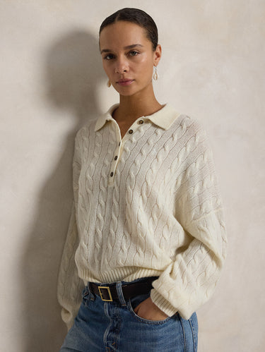 Maglia in Lana a Trecce con collo Polo Crema