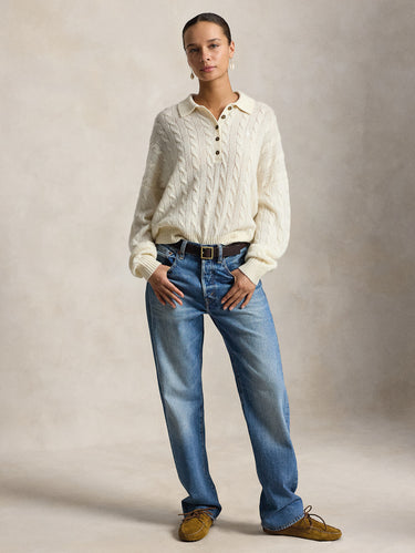 Maglia in Lana a Trecce con collo Polo Crema