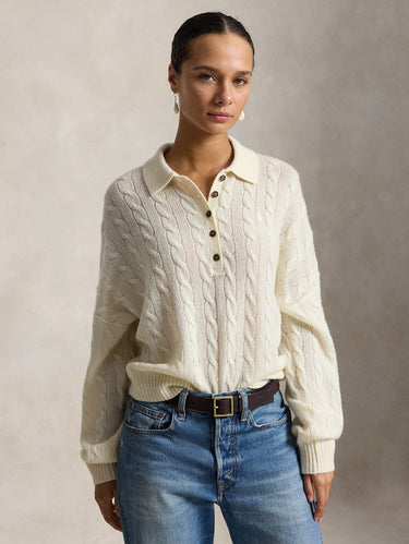 RALPH LAUREN-Maglia in Lana a Trecce con collo Polo Crema-TRYME Shop
