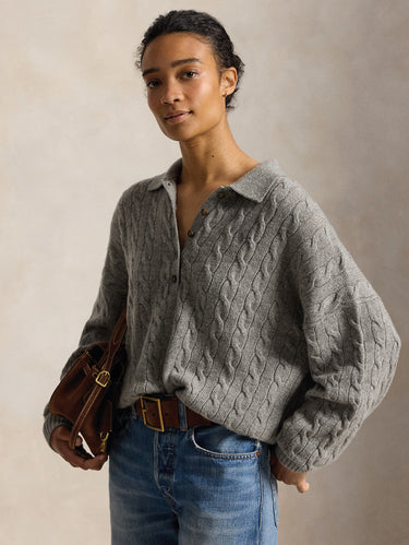 RALPH LAUREN-Maglia in Lana a Trecce con Collo Polo Grigio-TRYME Shop