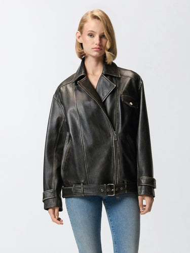 PINKO-Chiodo Biker in Pelle Invecchiata Nero-TRYME Shop