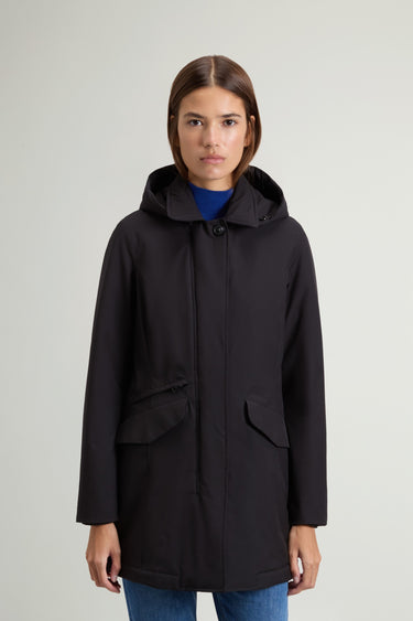 WOOLRICH-Cappotto in Nylon Light Stretch Con Cappuccio Rimovibile Nero-TRYME Shop