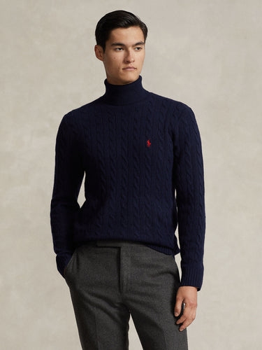 RALPH LAUREN-Maglia Collo Alto a Trecce Blu Navy-TRYME Shop