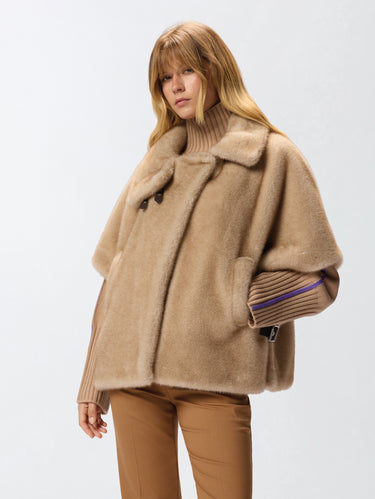 PINKO-Cappa Corta in Tessuto Aspen Effetto Pelliccia Beige-TRYME Shop
