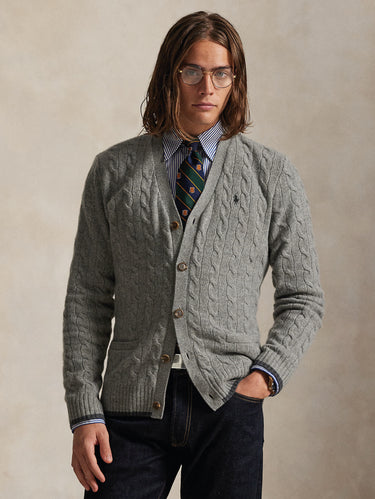 RALPH LAUREN-Cardigan in Lana e Cashmere a Trecce Grigio-TRYME Shop