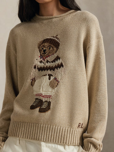 Katoenen Trui met Polo Bear Intarsia Amandel