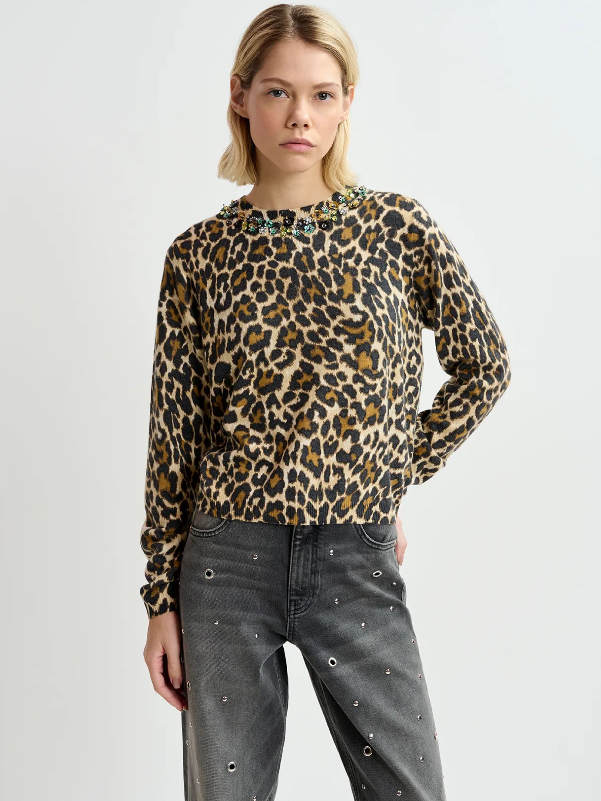ESSENTIEL ANTWERP Black Animal Print Sweater with Sequins and