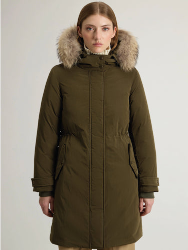 WOOLRICH-Parka Lungo con Pelliccia Grace Verde Militare-TRYME Shop