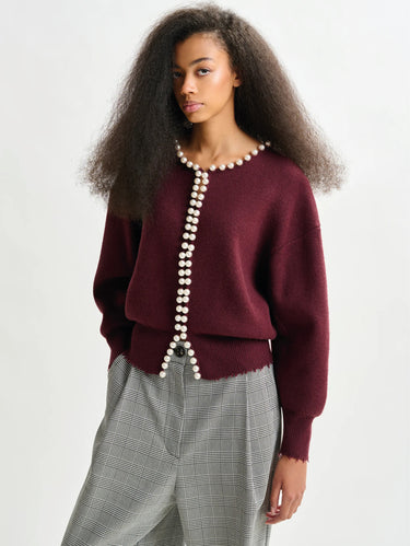 ESSENTIEL ANTWERP-Cardigan in Maglia con Perline Bordeaux-TRYME Shop