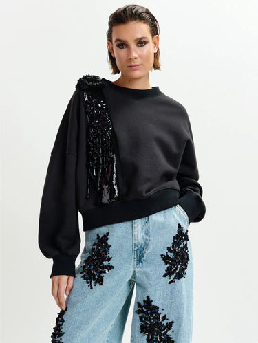 ESSENTIEL ANTWERP-Felpa con Paillettes e Pietre Nera-TRYME Shop