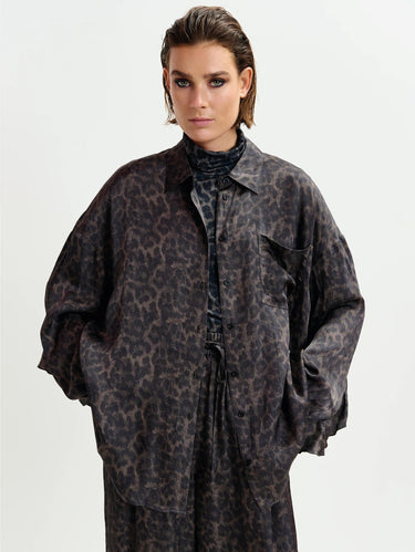 ESSENTIEL ANTWERP-Camicia Oversize con Stampa Leopardo Nero/Marrone-TRYME Shop