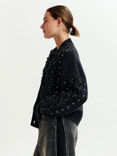 Cardigan with Floral Applications and Rhinestones Black