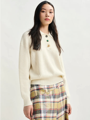 ESSENTIEL ANTWERP-Polo a Costine con Bottoni Gioiello Bianco-TRYME Shop