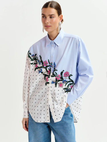 ESSENTIEL ANTWERP-Camicia in Cotone Celeste e Pois con Paillettes Multicolor-TRYME Shop