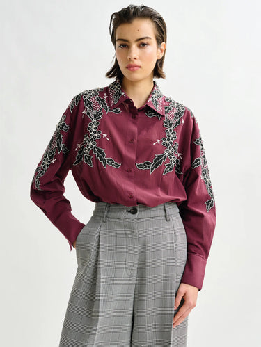 ESSENTIEL ANTWERP-Camicia Oversize con Ricamo Floreale Bordeaux-TRYME Shop