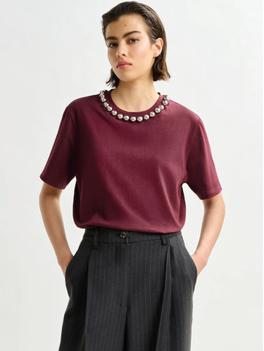 ESSENTIEL ANTWERP-T-shirt Squadrata con Perline Bordeaux-TRYME Shop