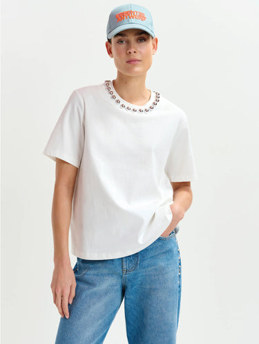 ESSENTIEL ANTWERP-T-shirt Squadrata con perline Bianca-TRYME Shop