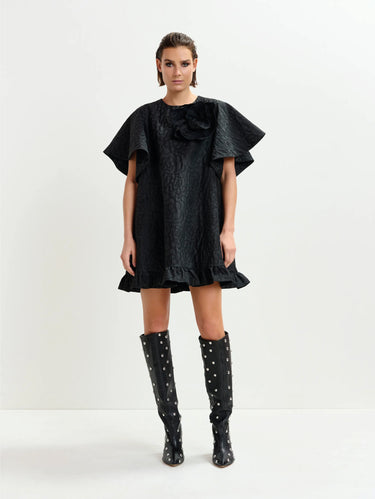 ESSENTIEL ANTWERP-Abito in Jaquard con Spilla Floreale Nero-TRYME Shop