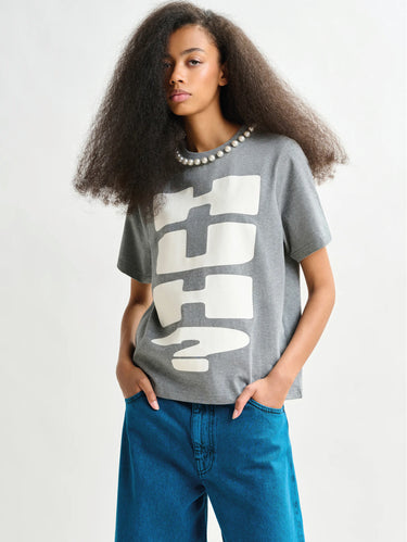 ESSENTIEL ANTWERP-T-shirt con Maxi Stampa e Perle Grigio-TRYME Shop