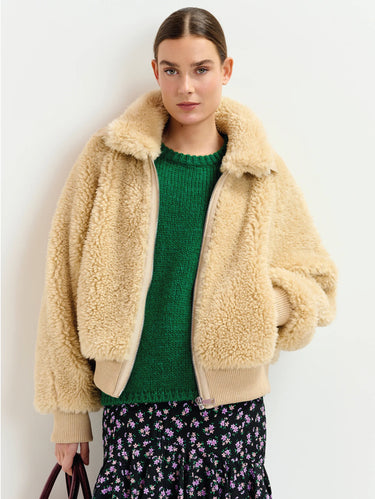 ESSENTIEL ANTWERP-Bomber Oversize in Finto Shearling Beige-TRYME Shop