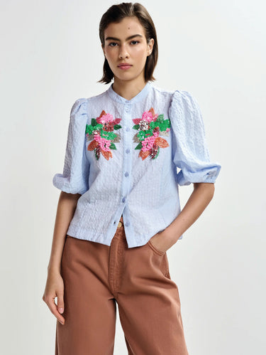 ESSENTIEL ANTWERP-Camicia Maniche 3/4 a Sbuffo Celeste-TRYME Shop