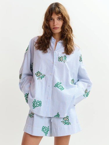 ESSENTIEL ANTWERP-Camicia Oversize a Righe con Ricami Celeste-TRYME Shop