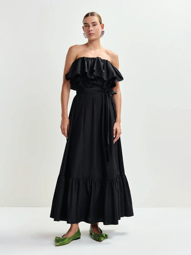 ESSENTIEL ANTWERP-Abito con Scollo Ornato in Volant Nero-TRYME Shop