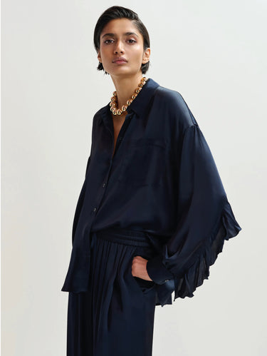 ESSENTIEL ANTWERP-Camicia Oversize con Volant sulle Maniche Blu-TRYME Shop
